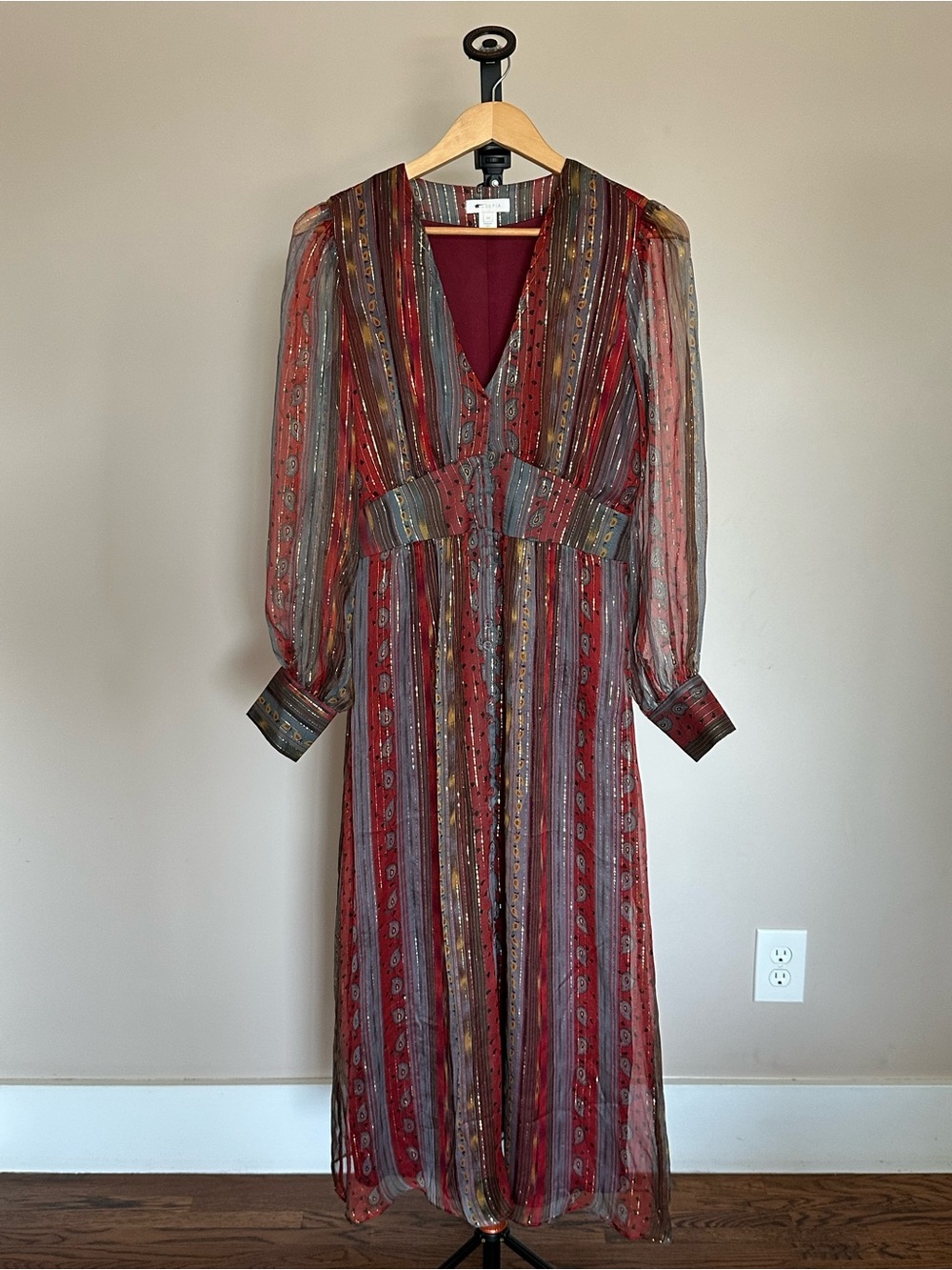 Opia Striped Sheer V-Neck Maxi Dress - Red, Mauve, Gold